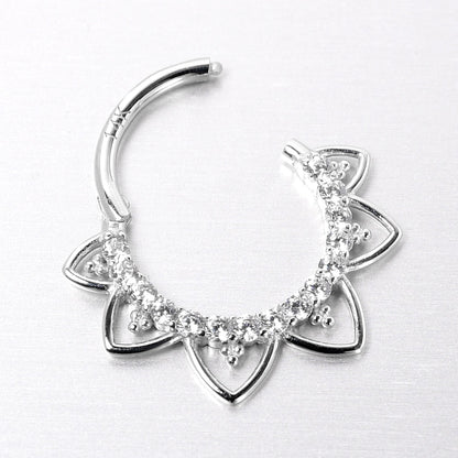 16G 3/8 Clear CZ Gem 14k White Gold Filigree Hinged Segment Ring