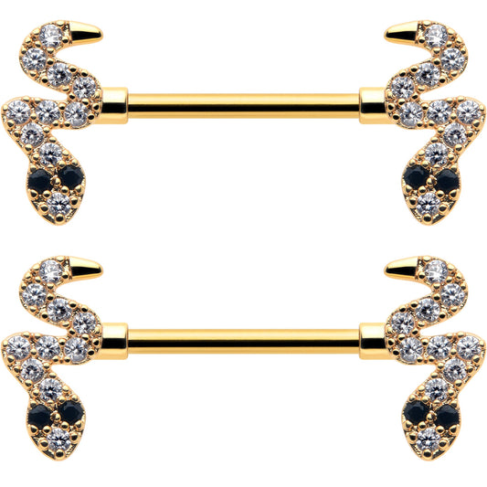 14G 9/16 Clear Black CZ Gem Gold Tone Sexy Snakes Nipple Ring Set