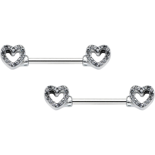 14G 9/16 Clear Gem Open Heart Valentine Barbell Nipple Ring Set