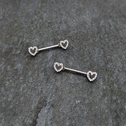 14G 9/16 Clear Gem Open Heart Valentine Barbell Nipple Ring Set