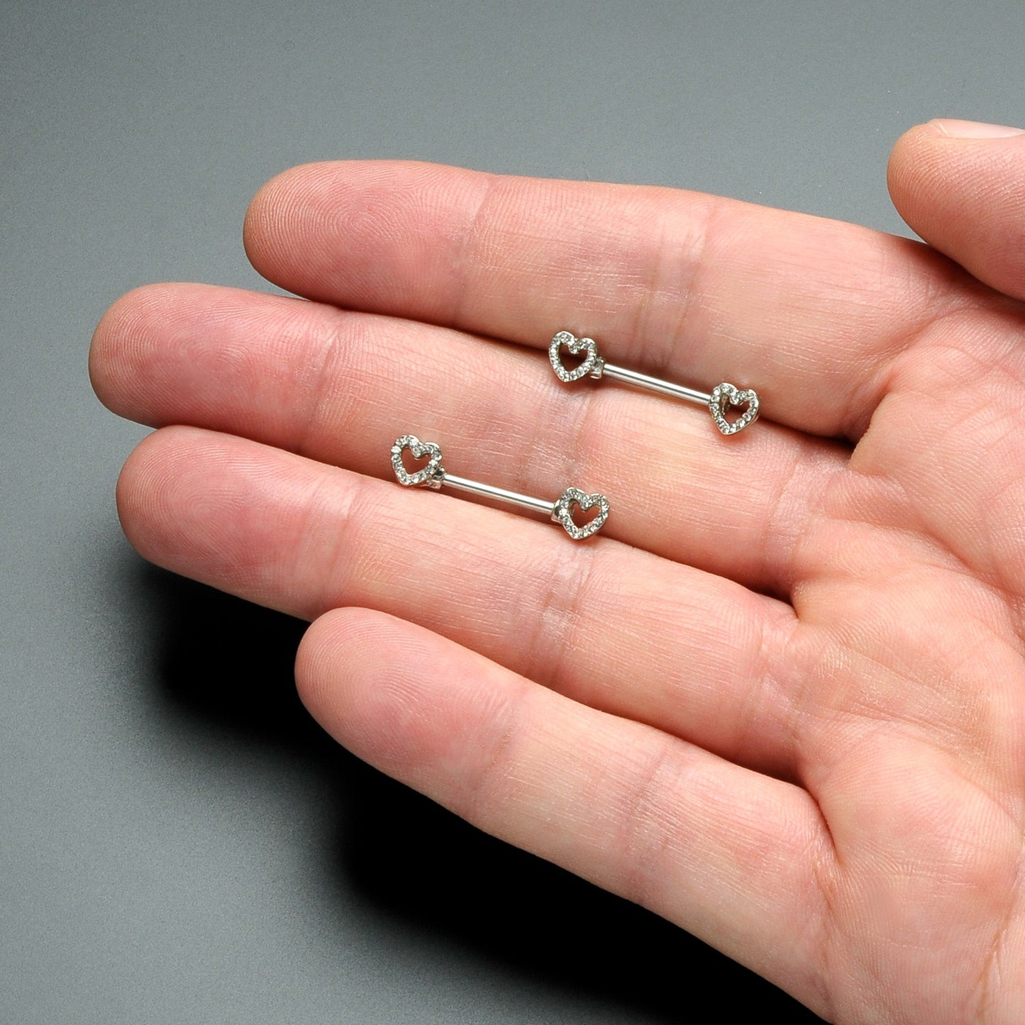 14G 9/16 Clear Gem Open Heart Valentine Barbell Nipple Ring Set