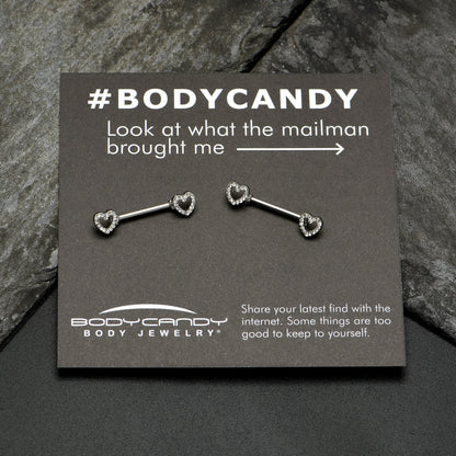 14G 9/16 Clear Gem Open Heart Valentine Barbell Nipple Ring Set
