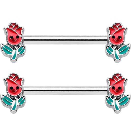 14G 9/16 Sweet Happy Rose Flower Barbell Nipple Ring Set