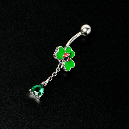 Green Gem Shamrock Ladybug St Patricks Dangle Belly Ring