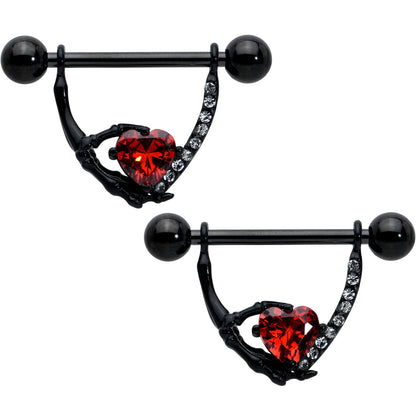 14G 11/16 Red Clear CZ Gem Heart Claw Hand Dangle Nipple Ring Set