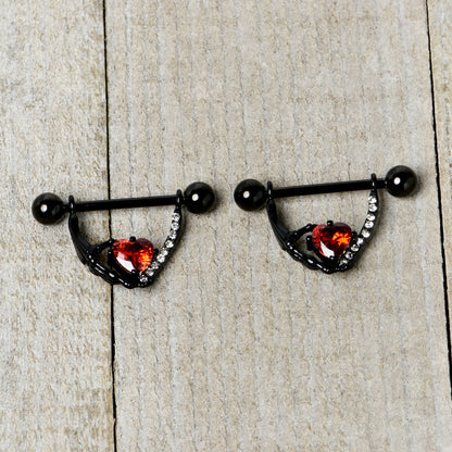 14G 11/16 Red Clear CZ Gem Heart Claw Hand Dangle Nipple Ring Set