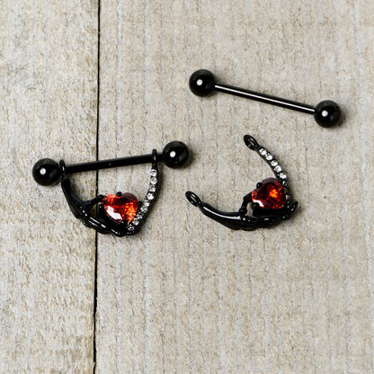 14G 11/16 Red Clear CZ Gem Heart Claw Hand Dangle Nipple Ring Set