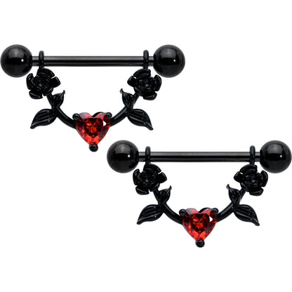 14G 11/16 Red CZ Gem Black Heart Flower Dangle Nipple Ring Set