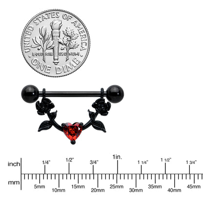 14G 11/16 Red CZ Gem Black Heart Flower Dangle Nipple Ring Set