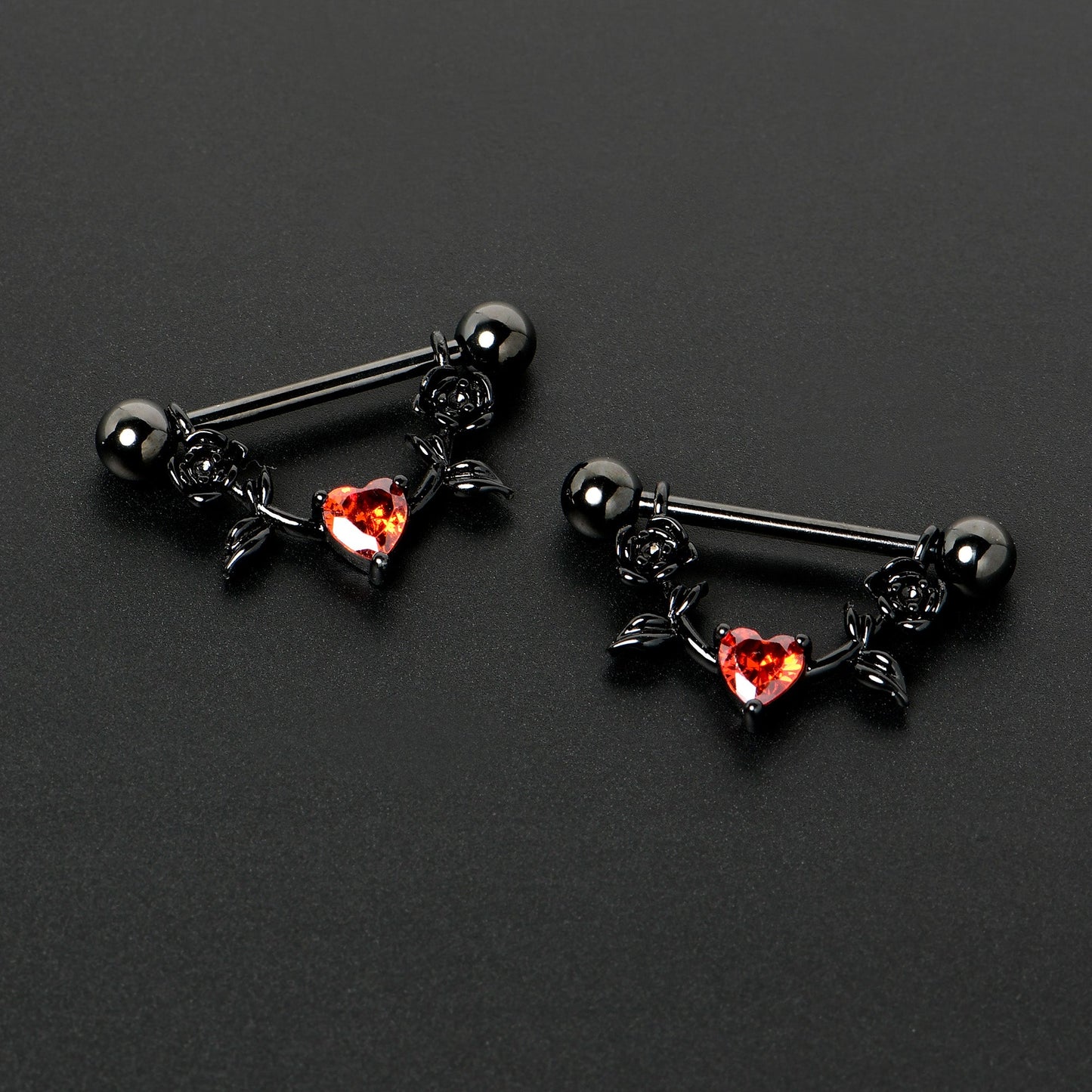 14G 11/16 Red CZ Gem Black Heart Flower Dangle Nipple Ring Set