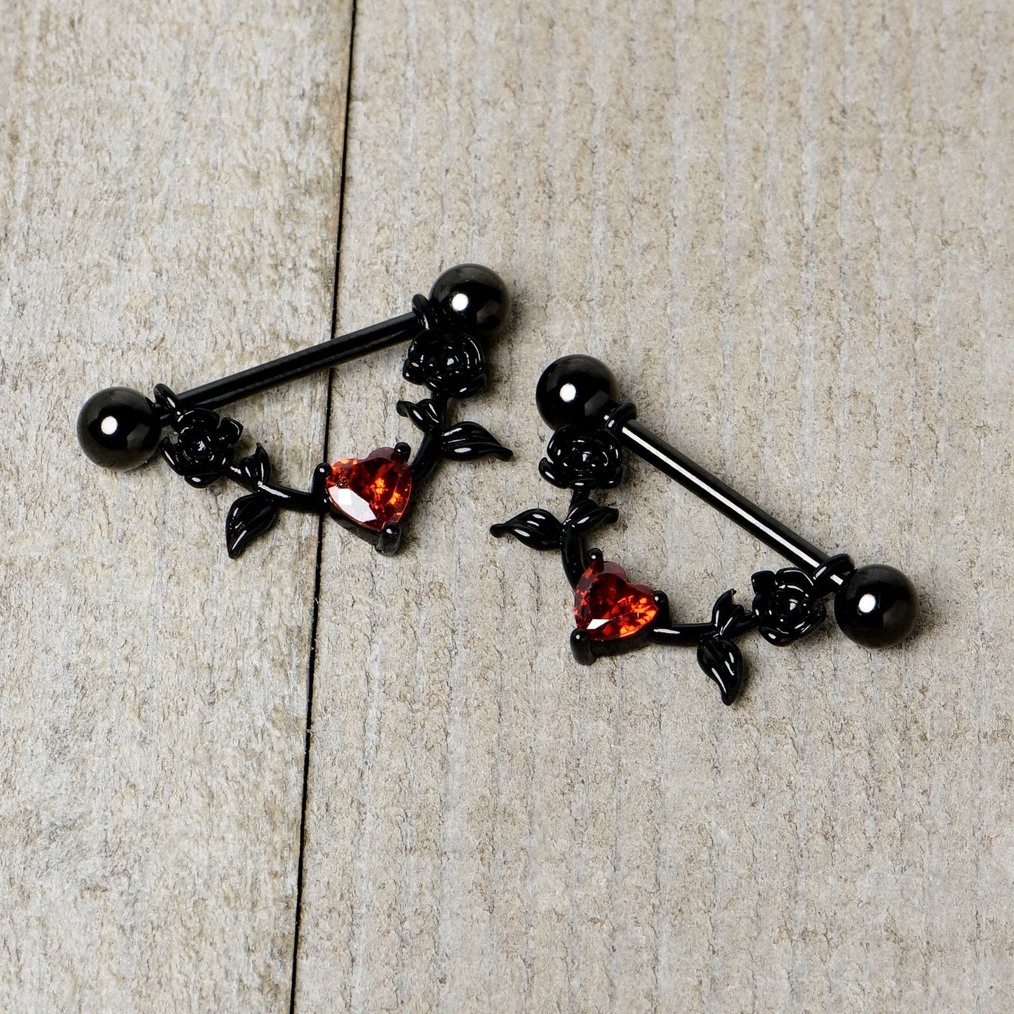 14G 11/16 Red CZ Gem Black Heart Flower Dangle Nipple Ring Set