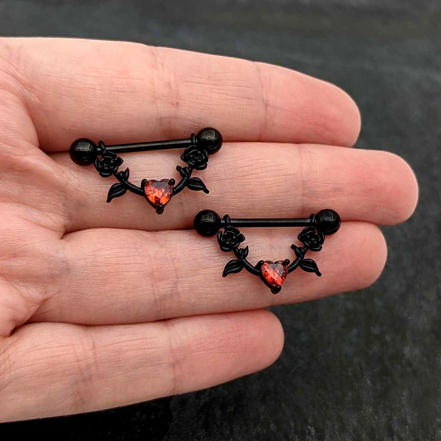 14G 11/16 Red CZ Gem Black Heart Flower Dangle Nipple Ring Set