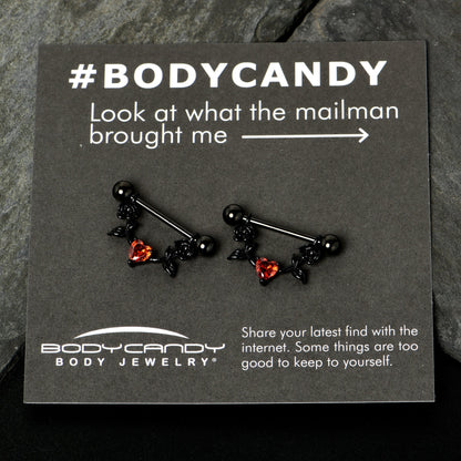 14G 11/16 Red CZ Gem Black Heart Flower Dangle Nipple Ring Set