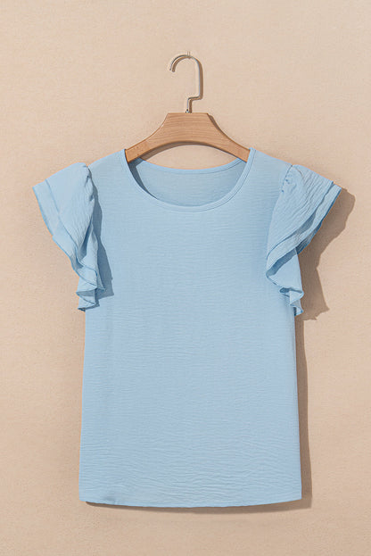 Solid Ruffle Short Sleeve Casual Blouse