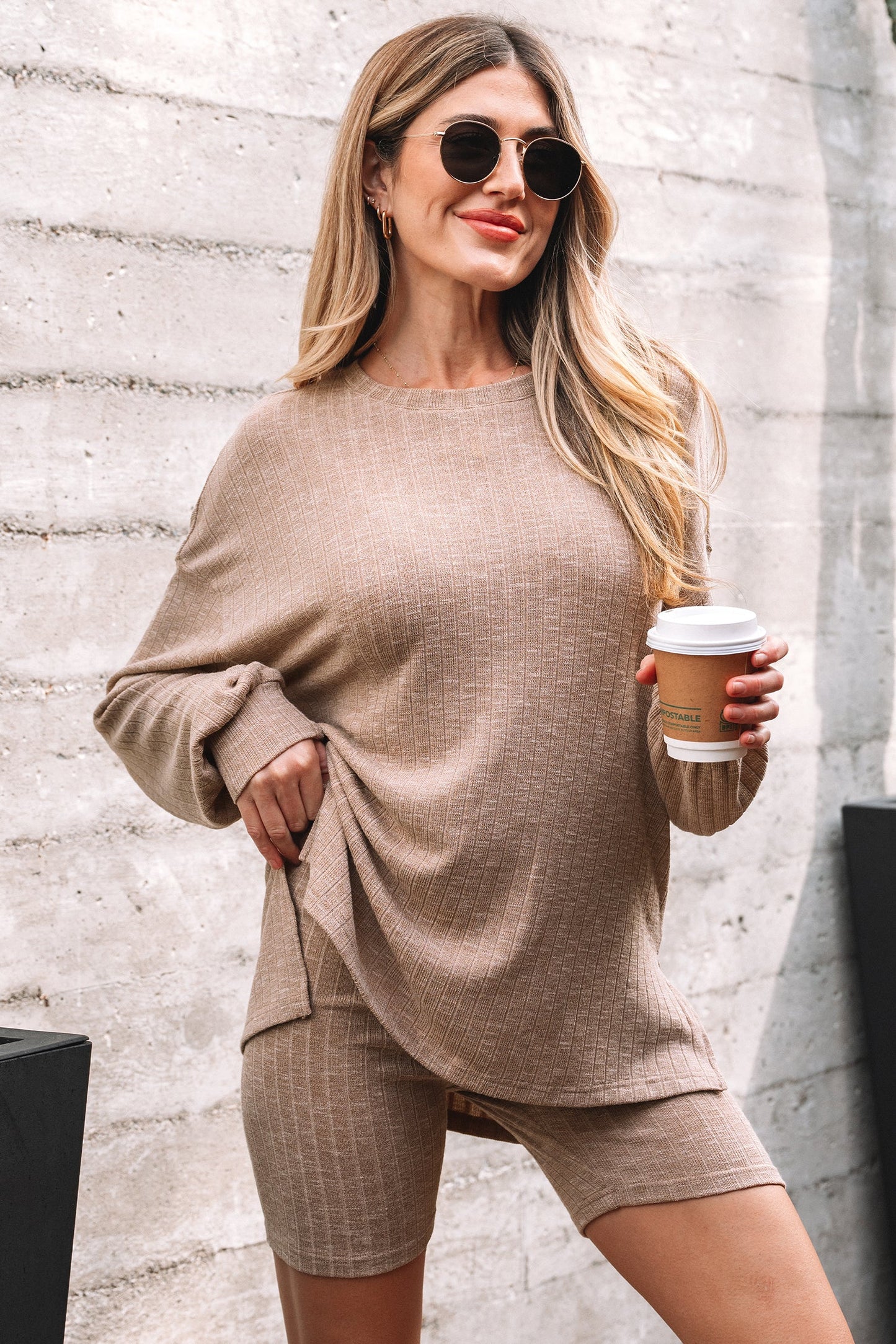 Ribbed Knit Pullover Top and Biker Short Set