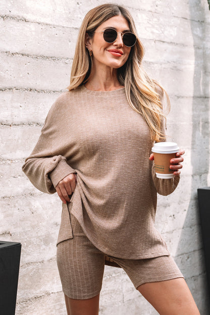 Ribbed Knit Pullover Top and Biker Short Set