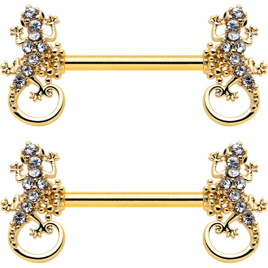 14G 9/16 Clear Gem Gold Hue Luscious Lizard Barbell Nipple Ring Set