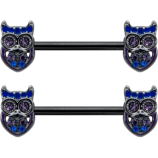 14G 9/16 Purple Blue Gem Black Opulent Owl Barbell Nipple Ring Set