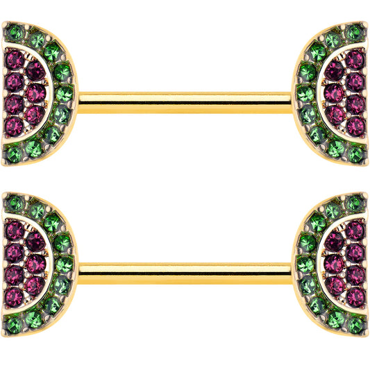 14G 9/16 Pink Gem Gold Hue Watermelon Yum Barbell Nipple Ring Set
