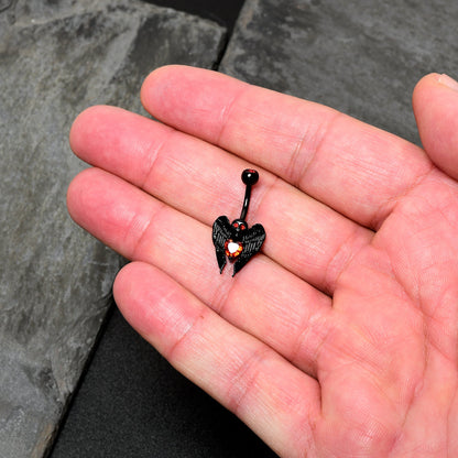 Red CZ Gem Black Heart Winged Skull Gothic Belly Ring