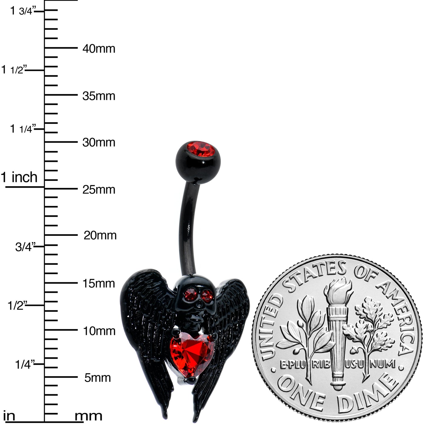 Red CZ Gem Black Heart Winged Skull Gothic Belly Ring