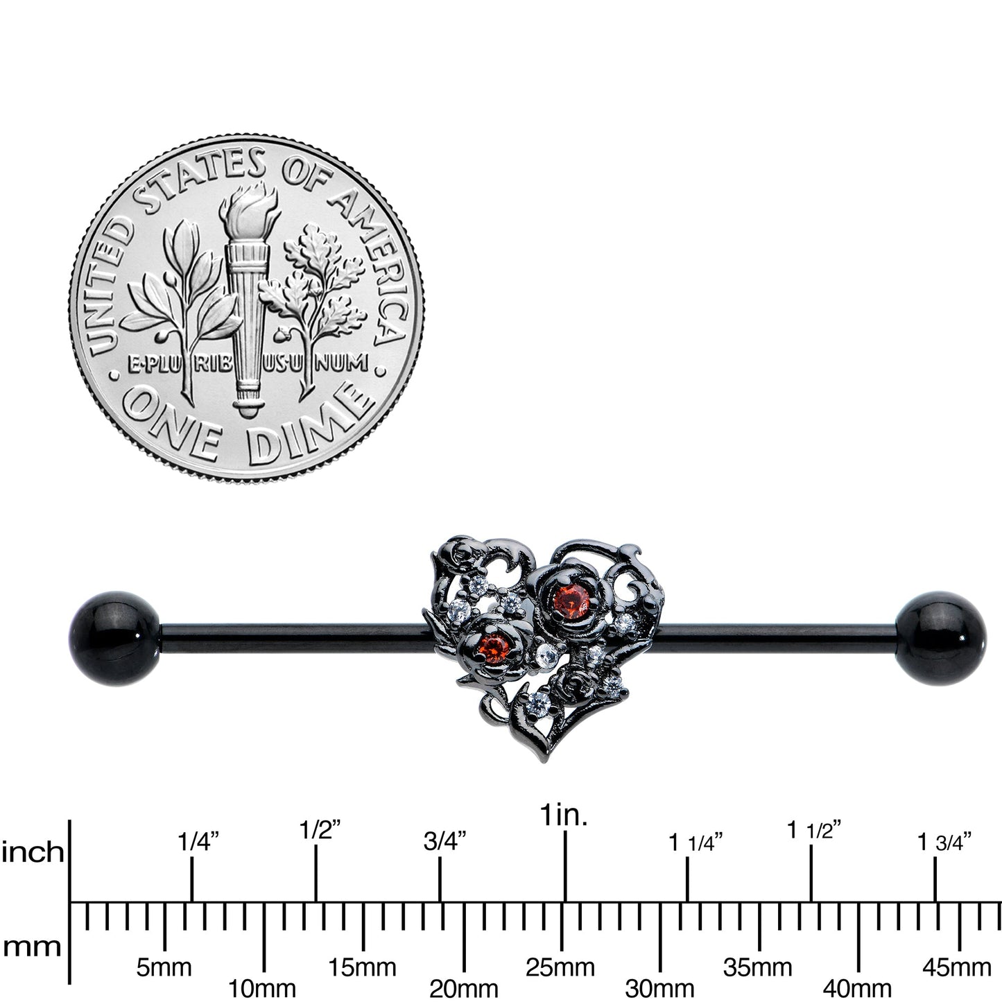 14G Clear Red CZ Gem Black Heart Floral Industrial Barbell 38mm