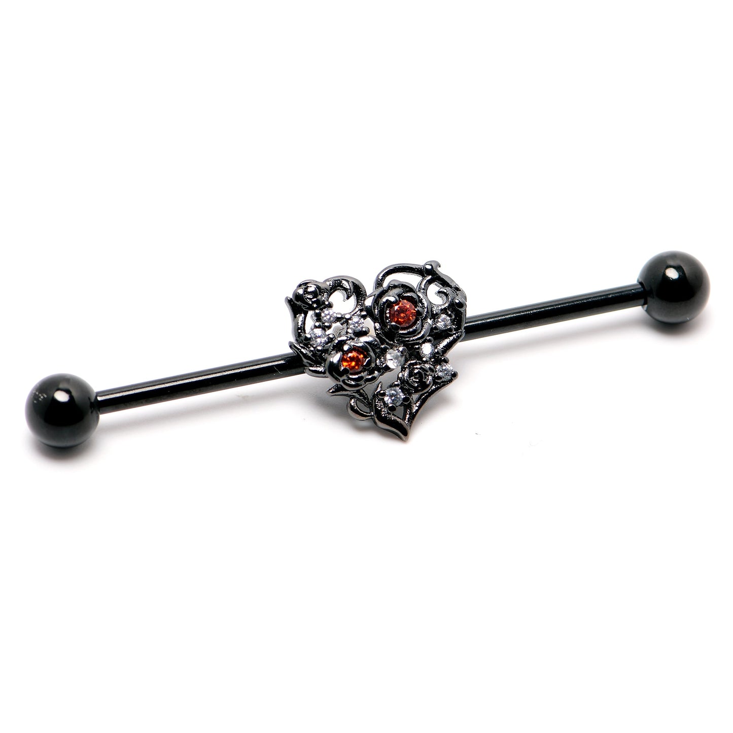 14G Clear Red CZ Gem Black Heart Floral Industrial Barbell 38mm