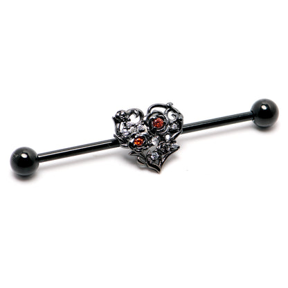 14G Clear Red CZ Gem Black Heart Floral Industrial Barbell 38mm