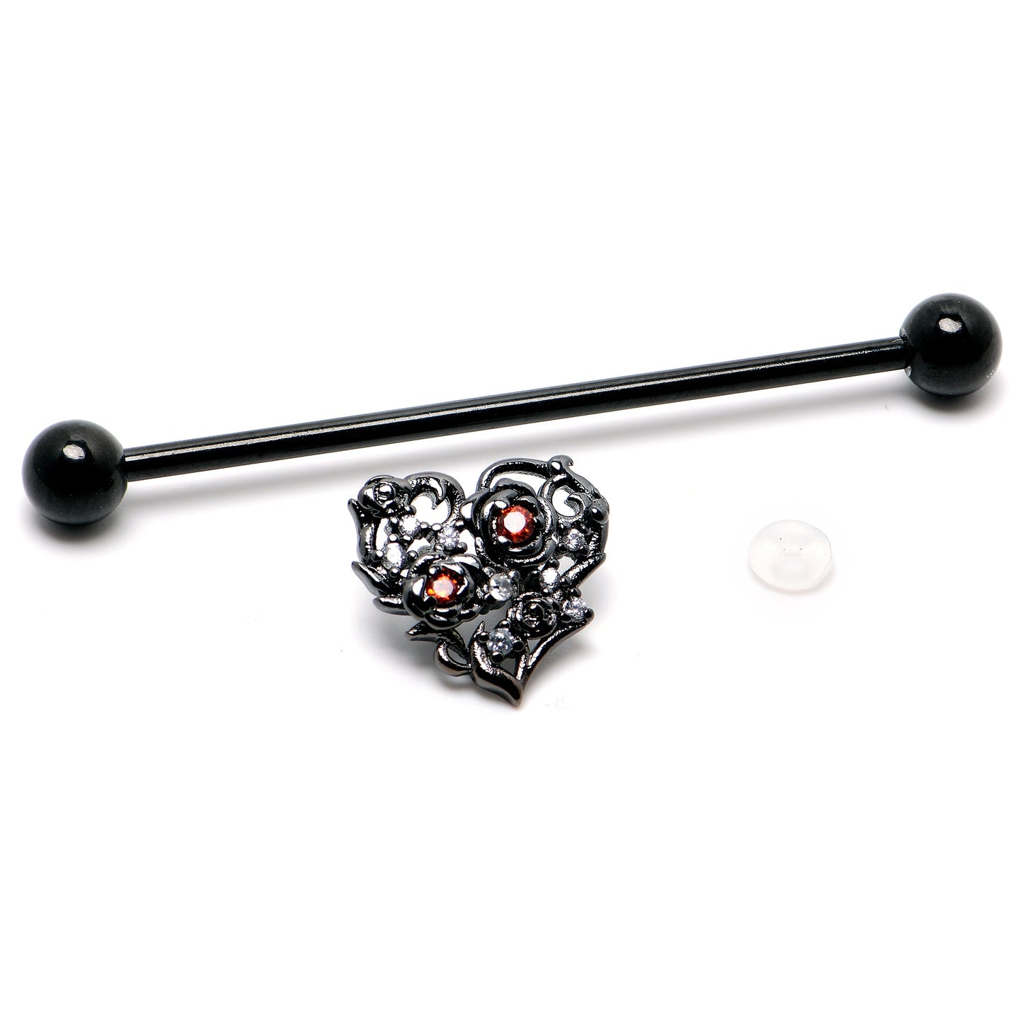 14G Clear Red CZ Gem Black Heart Floral Industrial Barbell 38mm