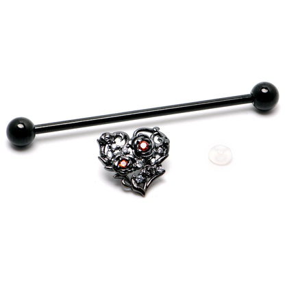 14G Clear Red CZ Gem Black Heart Floral Industrial Barbell 38mm