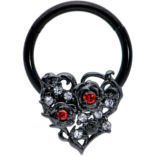 16G 3/8 Clear Red CZ Gem Black Heart Floral Hinged Segment Ring