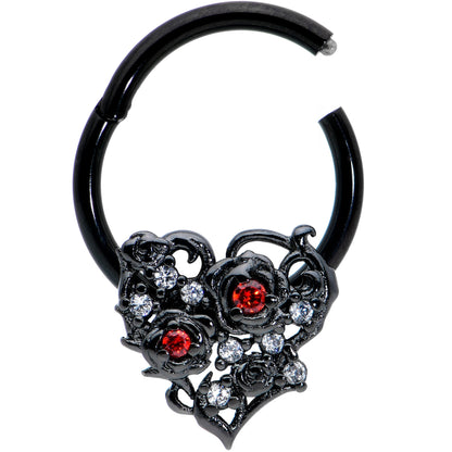 16G 3/8 Clear Red CZ Gem Black Heart Floral Hinged Segment Ring
