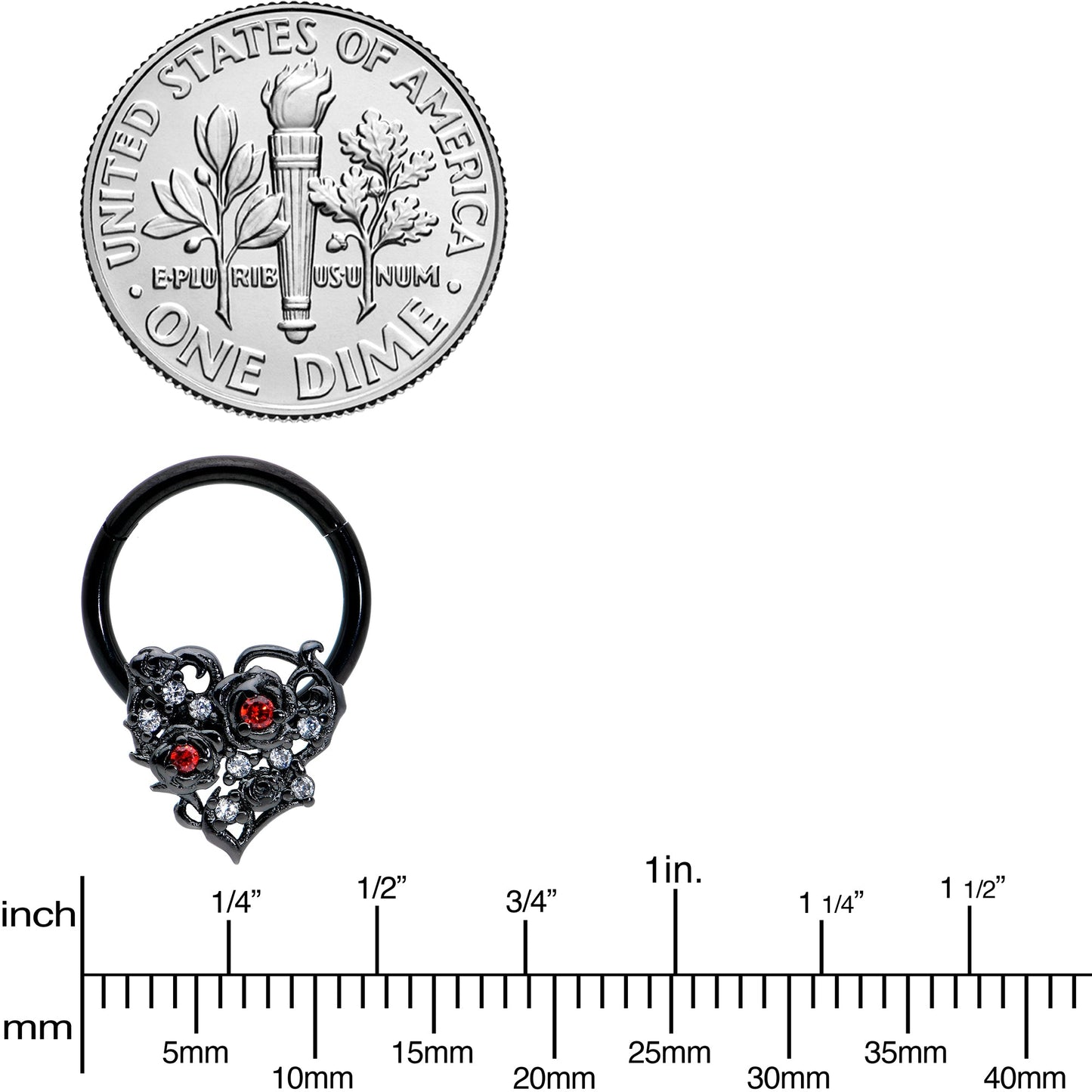 16G 3/8 Clear Red CZ Gem Black Heart Floral Hinged Segment Ring