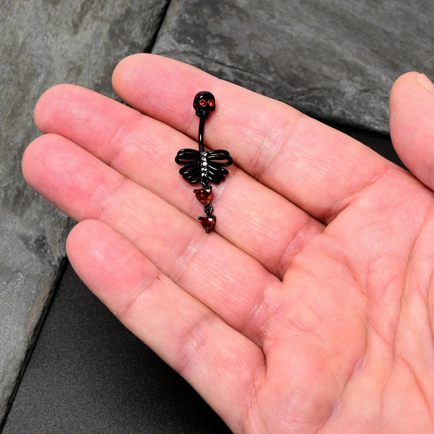 Red CZ Gem Black Skeleton Hearts Gothic Dangle Belly Ring