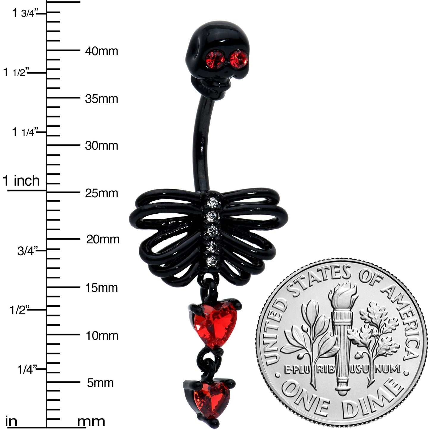 Red CZ Gem Black Skeleton Hearts Gothic Dangle Belly Ring