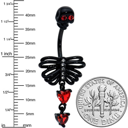 Red CZ Gem Black Skeleton Hearts Gothic Dangle Belly Ring