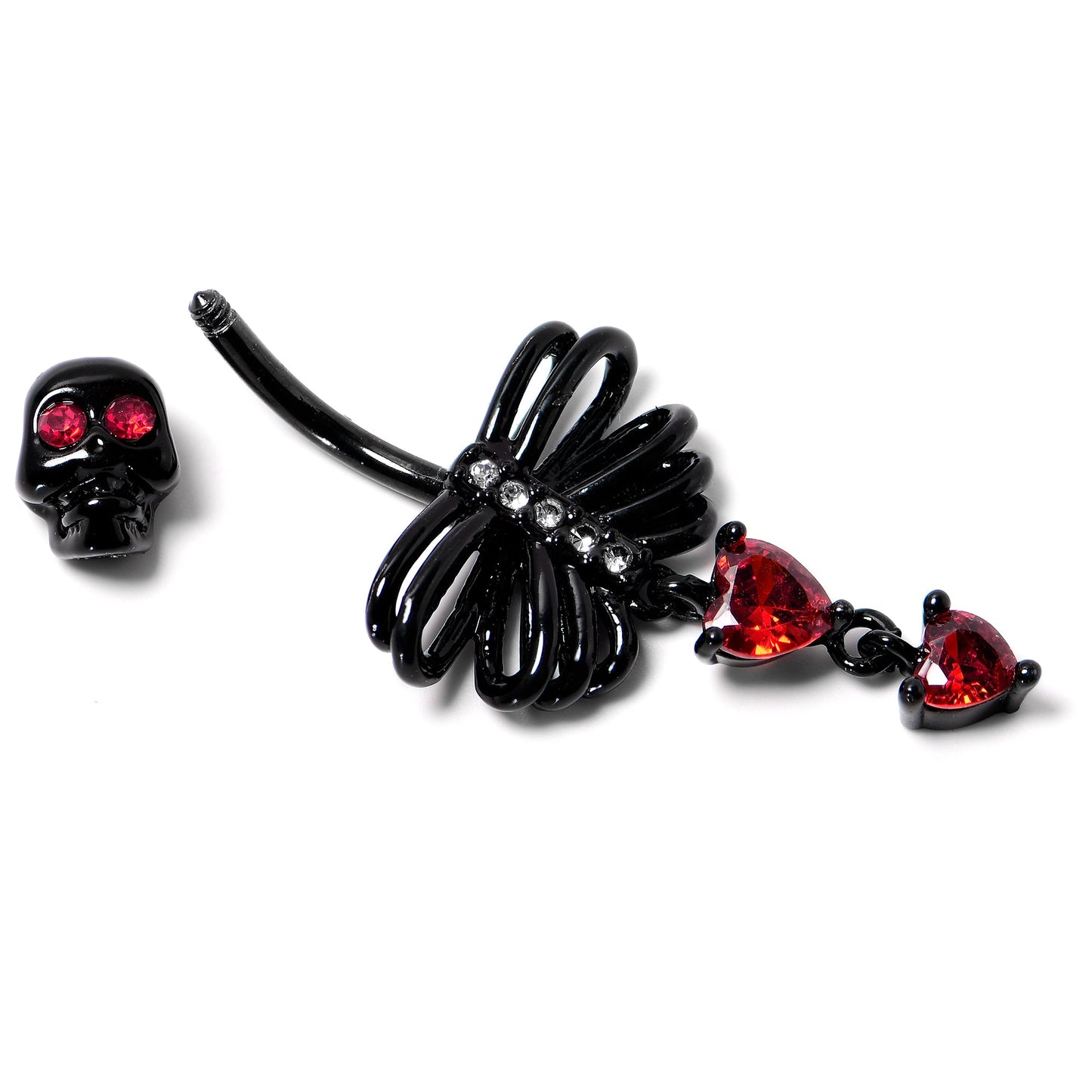 Red CZ Gem Black Skeleton Hearts Gothic Dangle Belly Ring