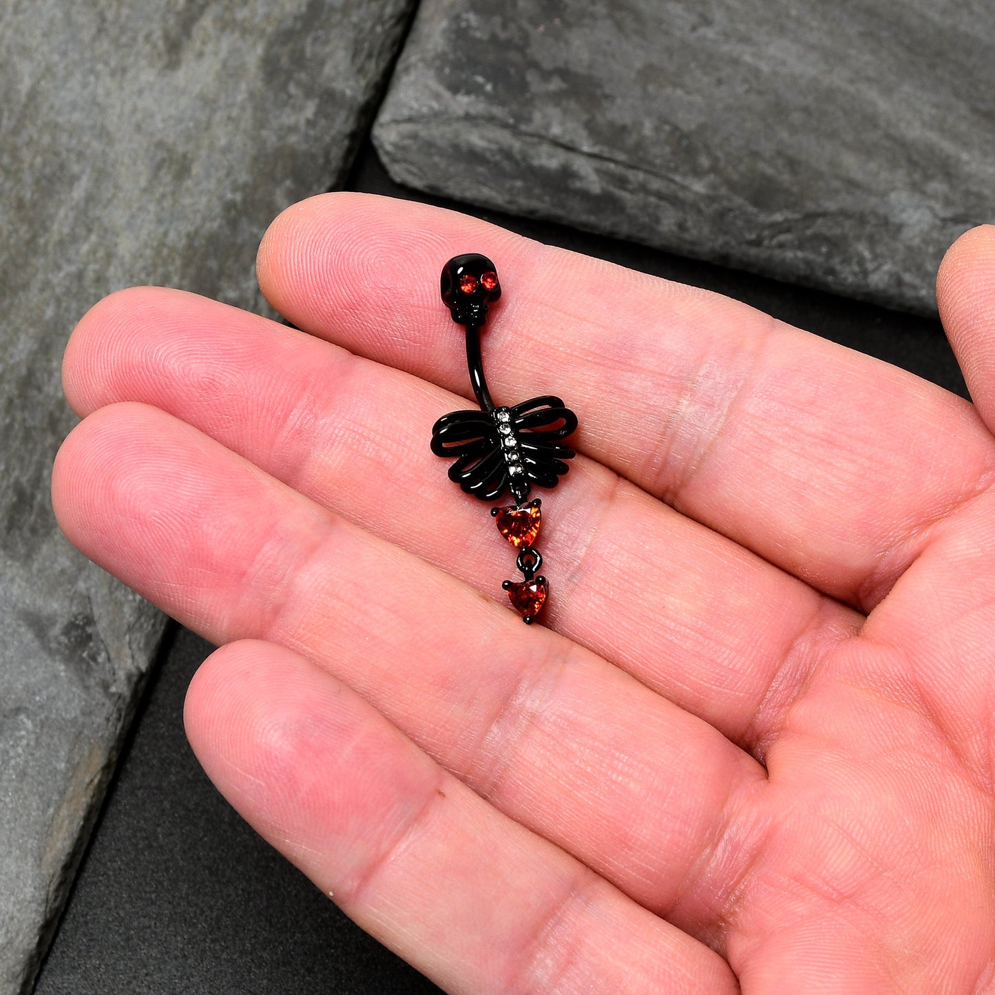 Red CZ Gem Black Skeleton Hearts Gothic Dangle Belly Ring