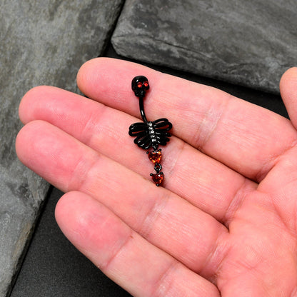 Red CZ Gem Black Skeleton Hearts Gothic Dangle Belly Ring