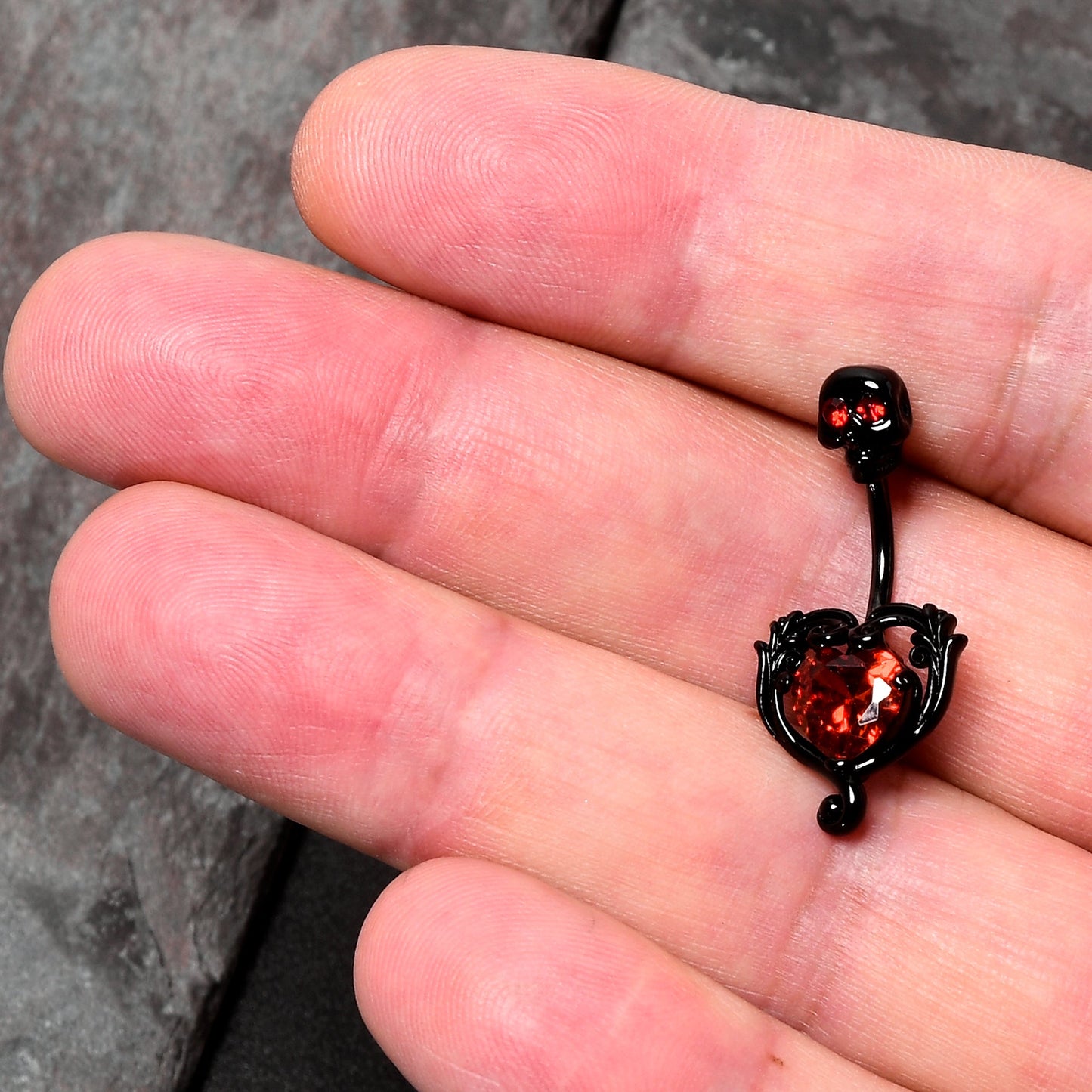 Red CZ Gem Black Passion Heart Skull Double Mount Belly Ring