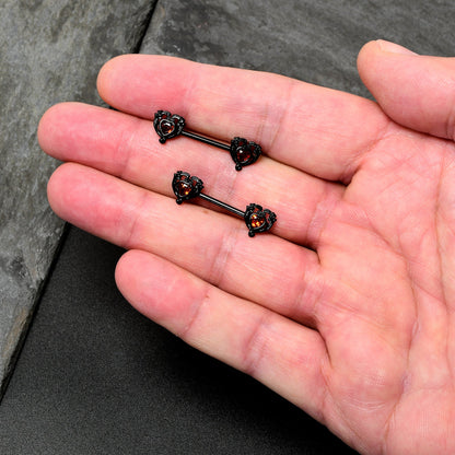 14G 9/16 Red CZ Gem Black Passion Heart Barbell Nipple Ring Set