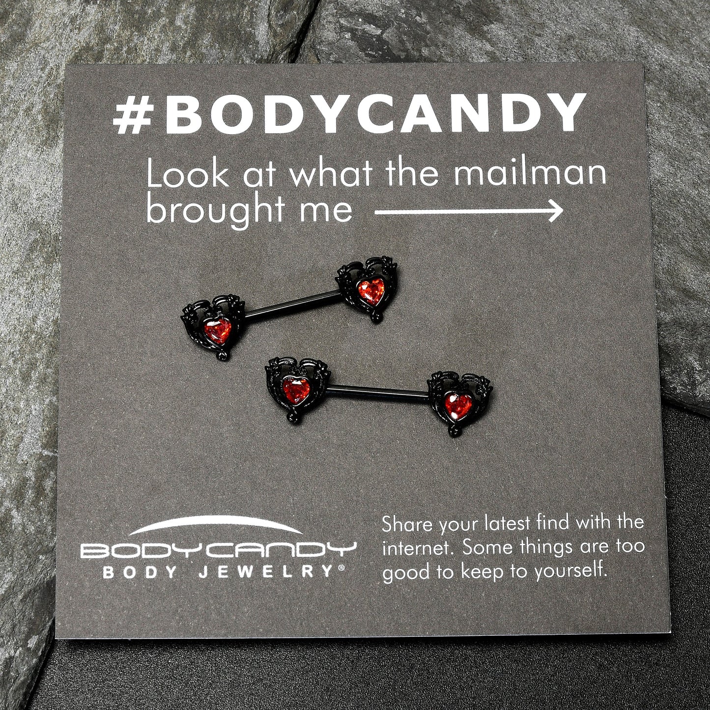 14G 9/16 Red CZ Gem Black Passion Heart Barbell Nipple Ring Set