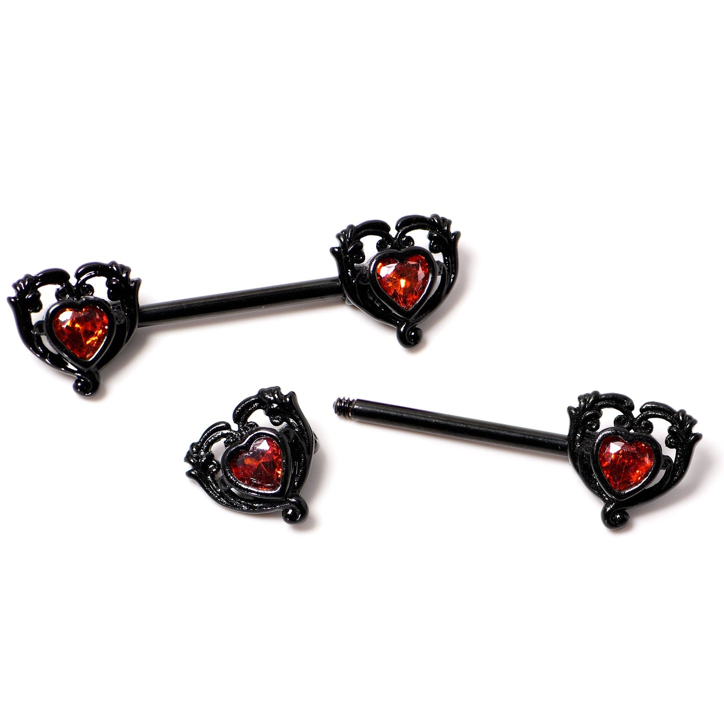 14G 9/16 Red CZ Gem Black Passion Heart Barbell Nipple Ring Set