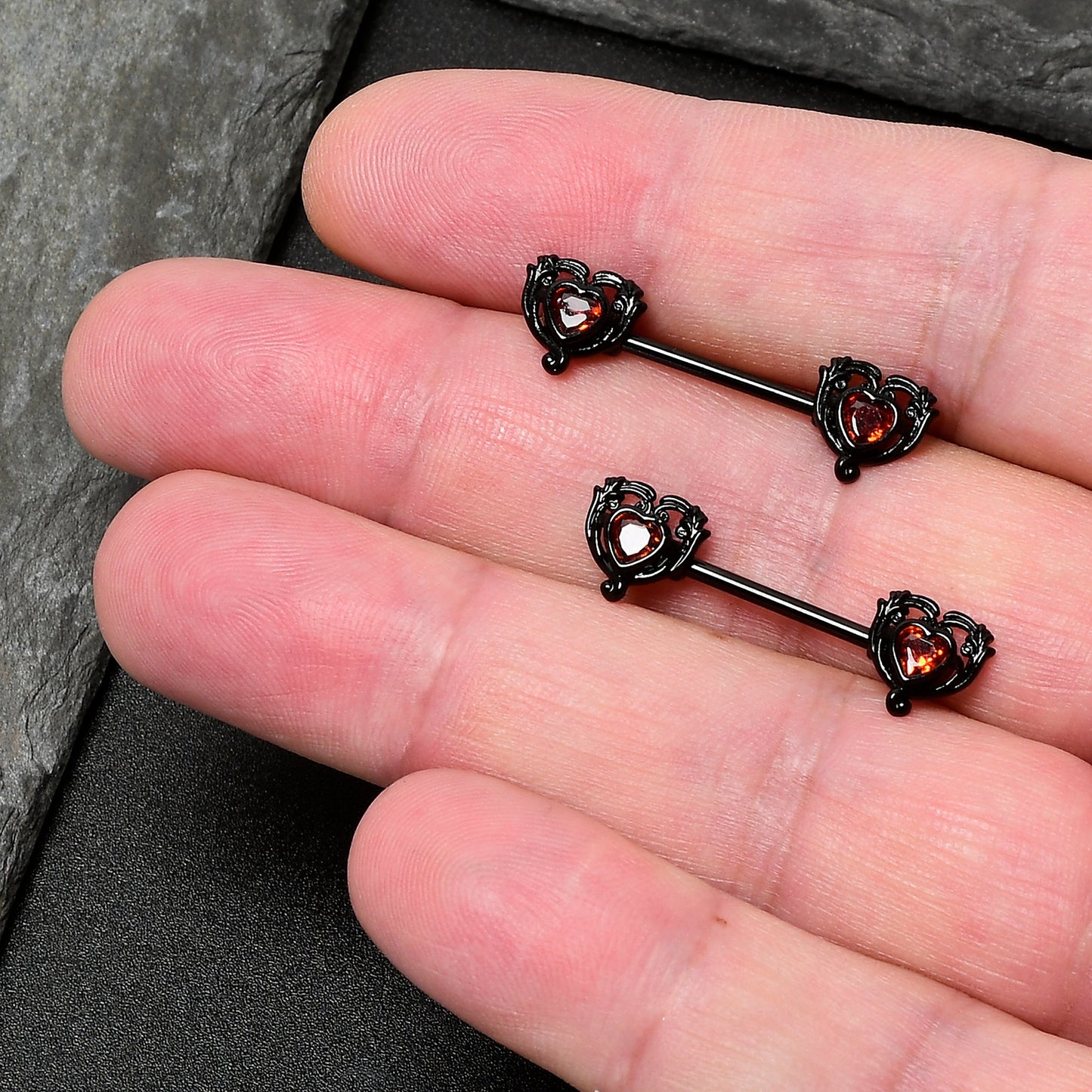 14G 9/16 Red CZ Gem Black Passion Heart Barbell Nipple Ring Set