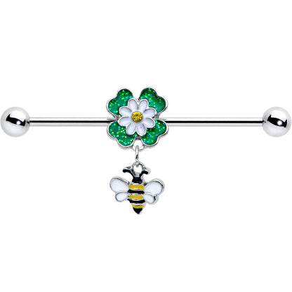 14G Yellow Gem Daisy Bee Glittery Dangle Industrial Barbell 38mm
