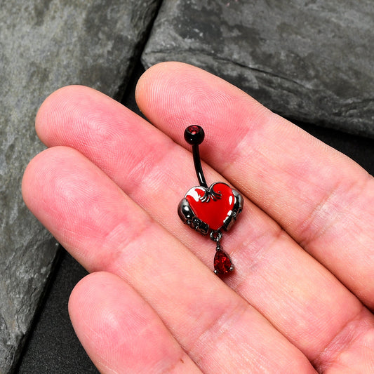 Red CZ Gem Black Double Skull Heart Dangle Belly Ring