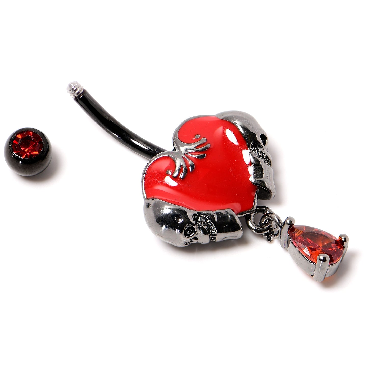 Red CZ Gem Black Double Skull Heart Dangle Belly Ring