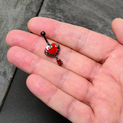 Red CZ Gem Black Double Skull Heart Dangle Belly Ring