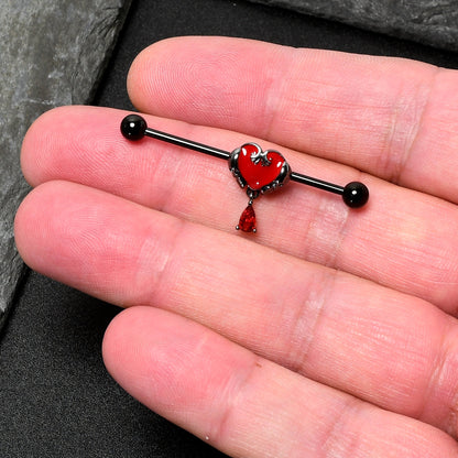 14G Red CZ Gem Black Duo Skull Heart Dangle Industrial Barbell 38mm