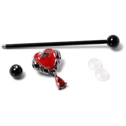 14G Red CZ Gem Black Duo Skull Heart Dangle Industrial Barbell 38mm